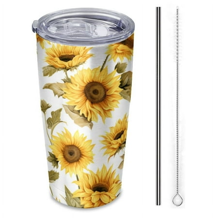 

Sunflowers in the style of watercolor on white background-Insulated Car Cup 20 oz Stainless Steel Travel Tumbler with Reusable Straw & Brush Hot & Cold Drinks Coffee/Tea/Office/Outdoor Drinkware