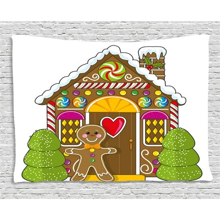 Gingerbread Man Tapestry, Cute Gingerbread House Decorated with Colorful Candies Man Graphic Figure, Wall Hanging for Bedroom Living Room Dorm Decor, 60W X 40L Inches, Multicolor, by (Best Way To Decorate A Dorm Room)