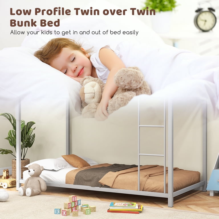 Gymax Twin Over Twin Low Metal Bunk Bed with Guardrails photo 6