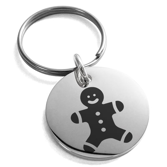 Stainless Steel Jolly Gingerbread Man Engraved Small Medallion Circle Charm Keychain Keyring