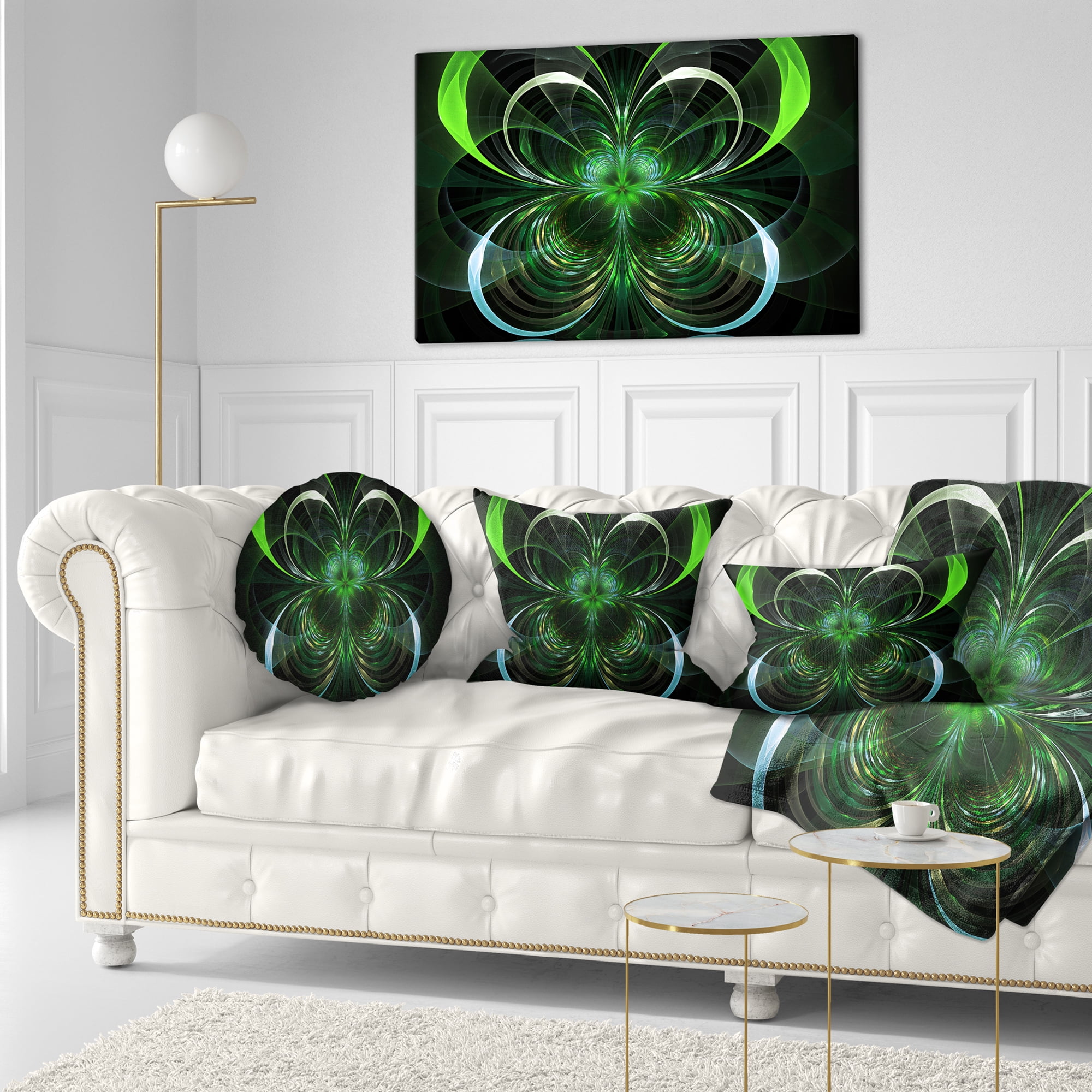 Designart Green Fractal Flower in Dark - Floral Throw Pillow - 12x20