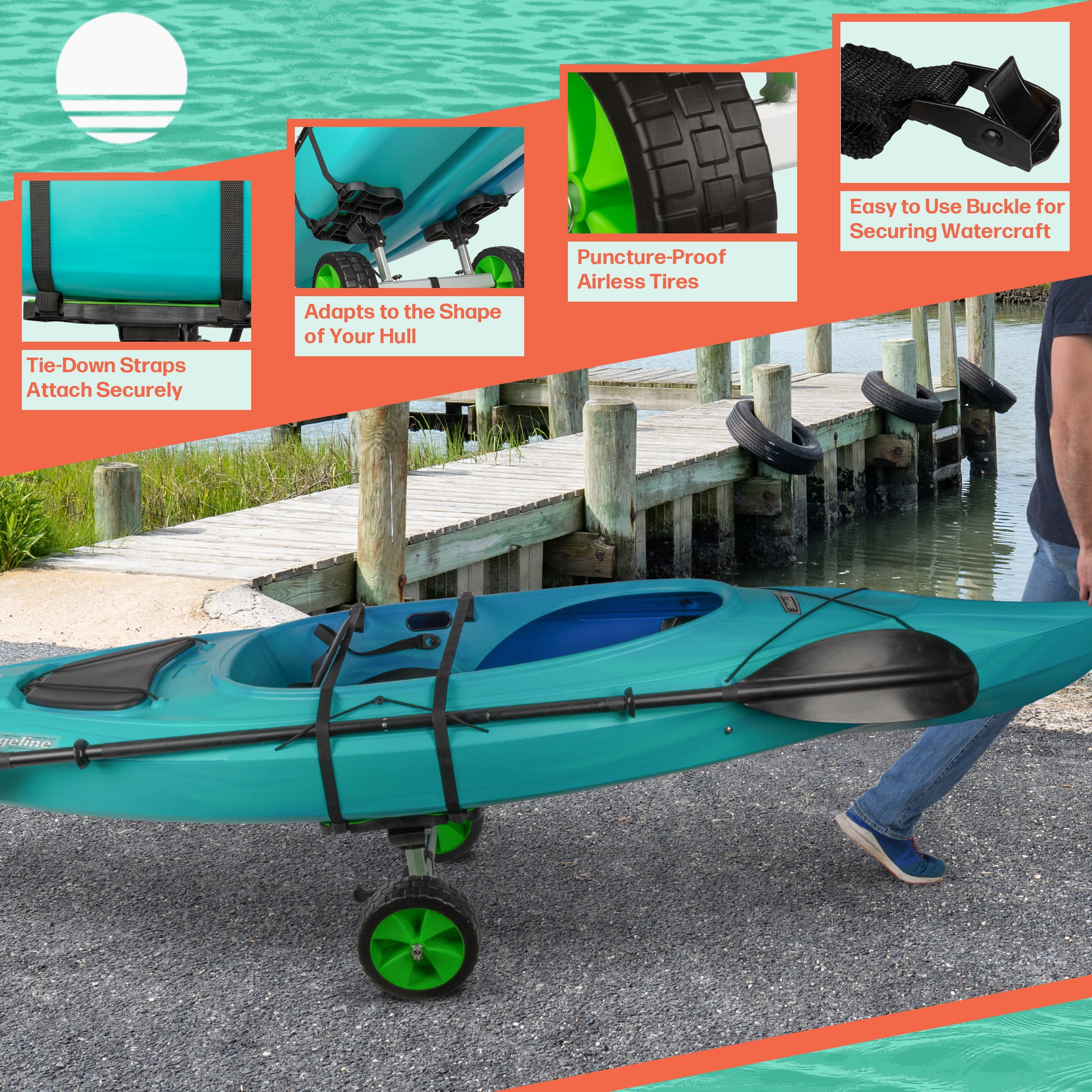 RAD Sportz Kayak Cart - 220lb Capacity Canoe Dolly with Airless Tires, Aluminum Frame, and Straps for Small Watercraft - Green - Kayak Accessories