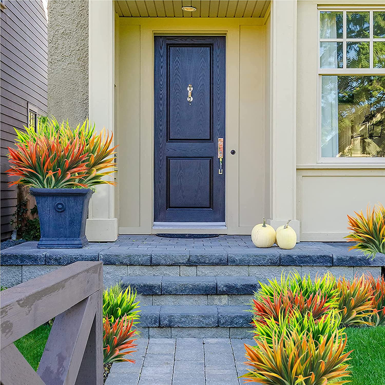 8 Pcs Outdoor Fake Plants UV Resistant Artificial Tropical Plants Flowers Faux Garden Grass Plants Décor Fall Winter Summer Planters Patio Front Door Porch Plastic Bushes & Shrubs Decoration