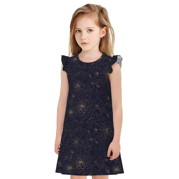 Fotbe Copper-Gold Gloss Outline Chrysanthemum Vestido de Dormir para Niñas de 3 a 10 Años, Mangas Cortas, Estilo Princesa, Pijama Camisón con Mangas Voladas-X-Large