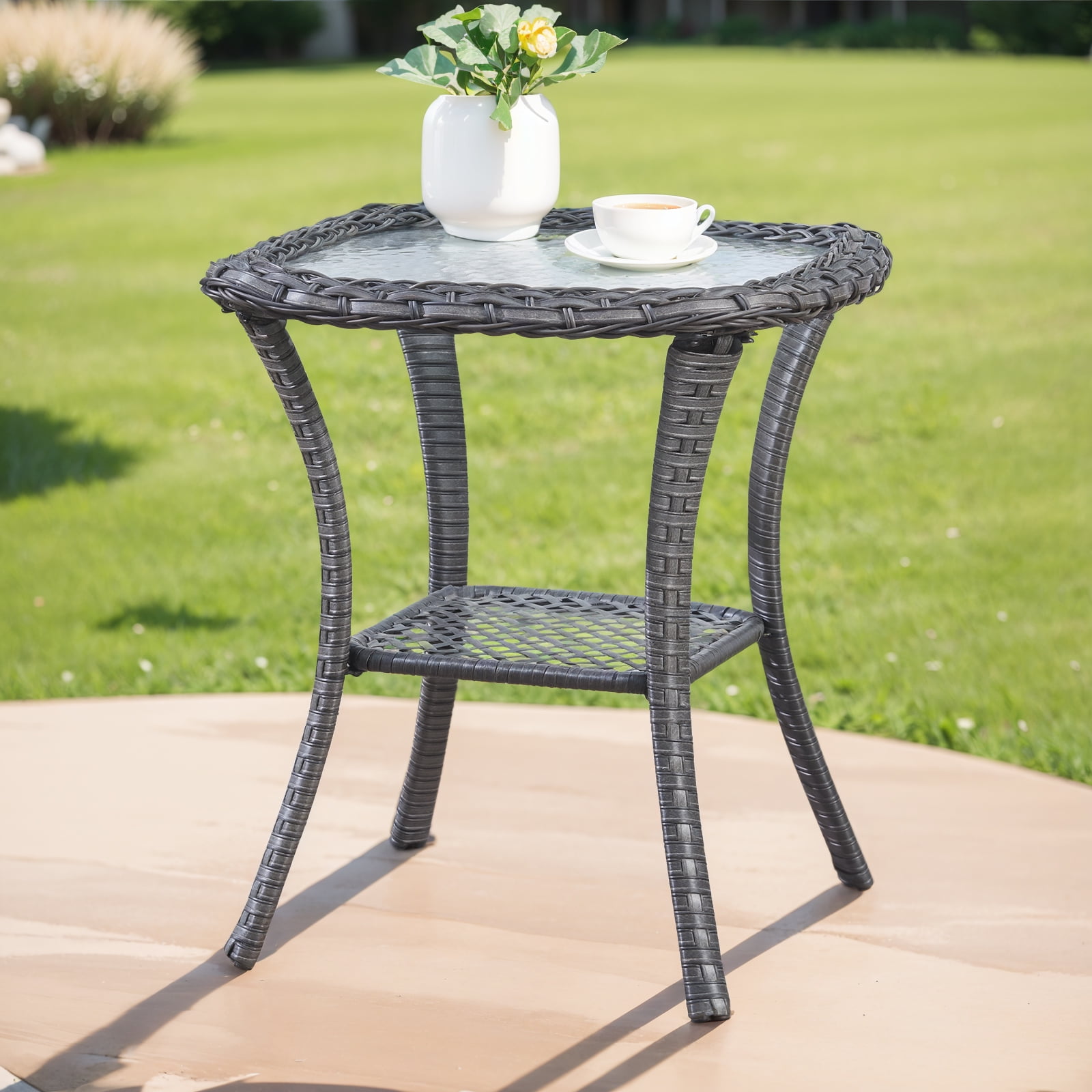 PARKWELL Outdoor Patio Side Table Square Wicker End Table with Glass Top, Gray