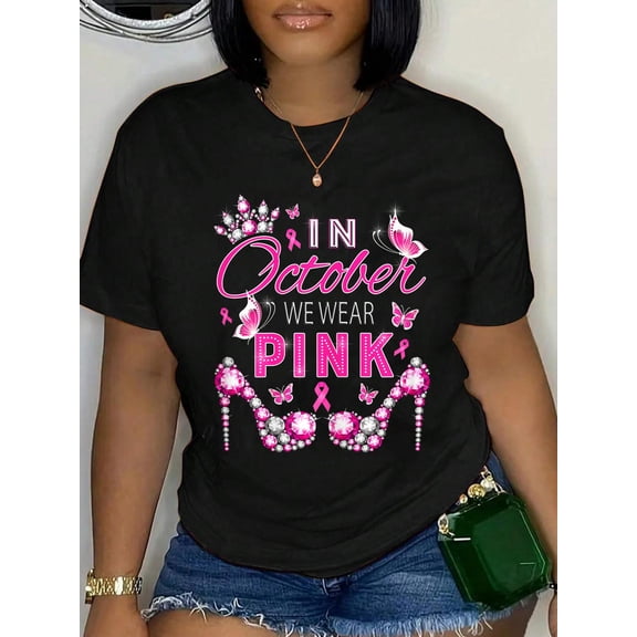 Cotton in October we wear Pink Breast Cancer Awareness Ribbon Girly T-Shirt Women's Graphic Tee Casual Tops
