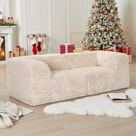 Leovanni 80" Boneless 2 Seater Sofa with Deep Seating for Living Room, No Assembly Required, Faux Fur Modular Modern Loveseat, Beige