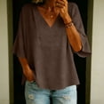 thumbnail image 5 of Craaazy Women Casual 3/4 Sleeve Blouse, Solid Color V Neck Tops, Loose Fit Linen Cotton Blend Shirt for Daily Wear Gifts, 5 of 8