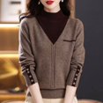 thumbnail image 1 of Women Vintage Splicing Panelled Sweaters Autumn Winter Streetwear Fashion Mock Neck Long Sleeve Casual Slim Knitted Pullovers, 1 of 5