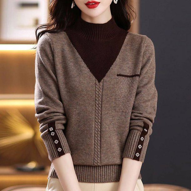 Women Vintage Splicing Panelled Sweaters Autumn Winter Streetwear Fashion Mock Neck Long Sleeve Casual Slim Knitted Pullovers
