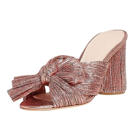 

Women s Fashion Sandals Thick Heel Bow Silk Sandals Retro Buckle Shoes