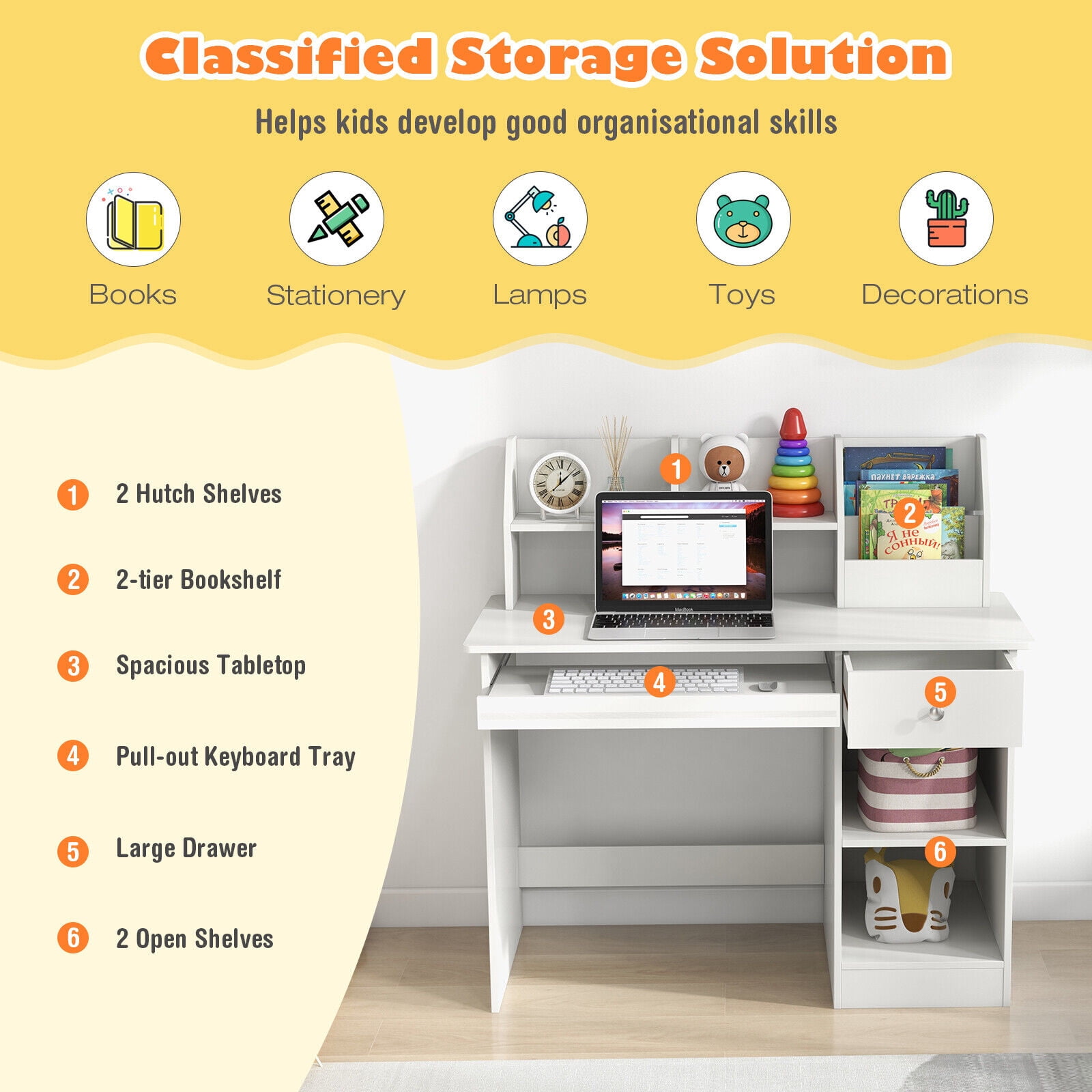 Amijoy Children's desk, children's writing desk, with kitchen cabinet, drawers, storage rack and keyboard tray, suitable for 3+home school students' wooden computer desk