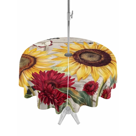 Outdoor Tablecloth with Umbrella Hole for Patio/Picnic/Party/Camping, Red Yellow Sunflowers Waterproof Table Cloth Round Cover Washable, Retro Rustic Barn Doors Butterfly Brown (Dia 60")