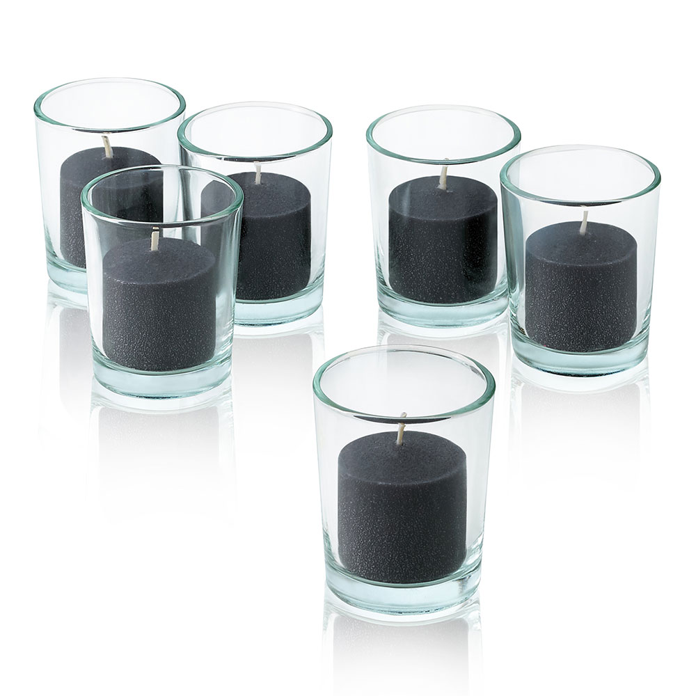 Clear Glass Round Votive Candle Holders With Black votive candles Set