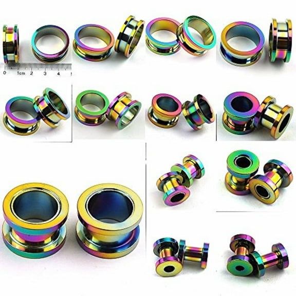 Oil Slick Multicolor Titanium (PL) Over Surgical Steel Screw-on Plugs/Gauges 8G (3MM) 2 Pieces (1 Pair) (B/66)