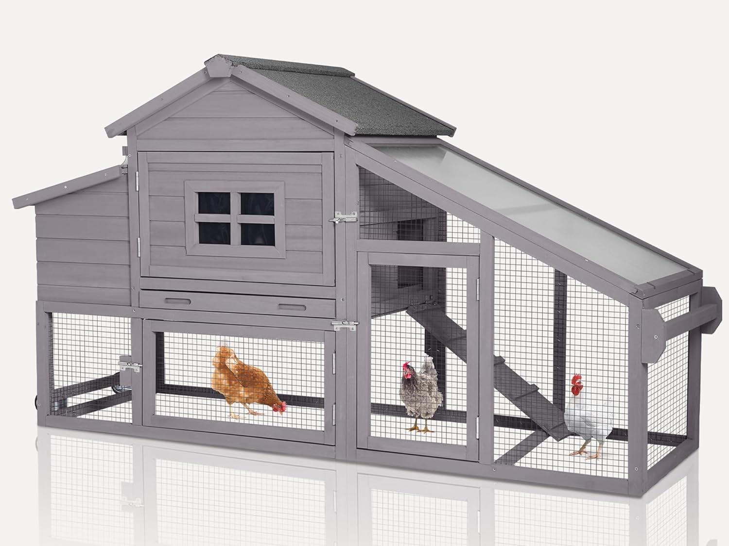 Aivituvin Mobile Chicken Coop with Wheels for 2-4 Chickens, Weatherproof Chicken House Poultry Cage with Nesting Box, Leakproof Pull-Out Tray for Outdoor Backyard, Gray