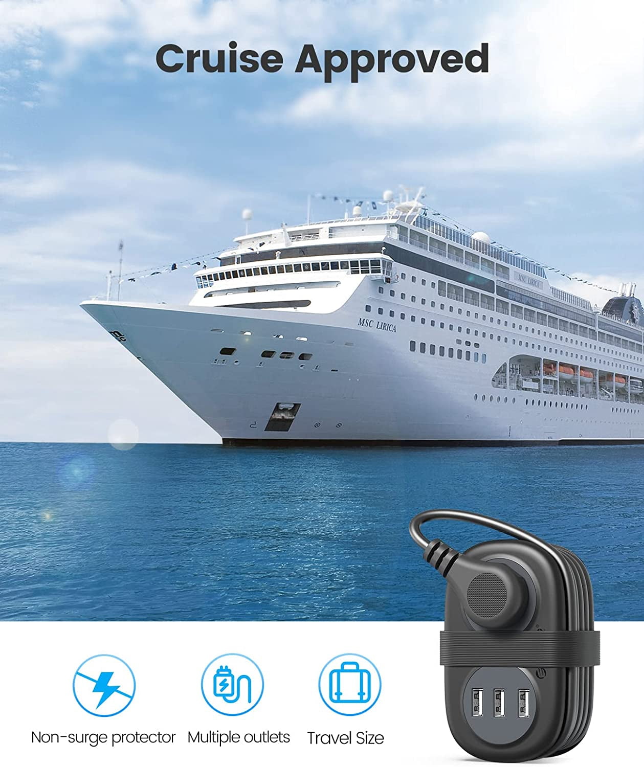 ORICO Travel Power Strip, 3.7FT Portable Power Strip with 2 AC Outlets 3 USB Ports, Wrapped Flat Plug Travel Extension Cord, Multi Plug Extension Cord for Travel, Cruise, Office, Hotels