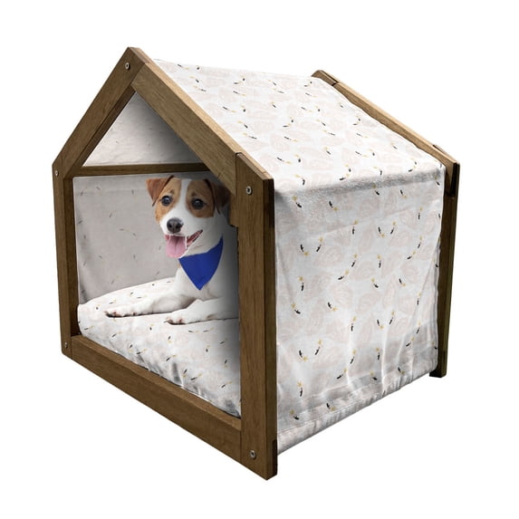 Swan Pet House, Doodle Style Pastel Color Swan Cartoones Girly Style, Outdoor & Indoor Portable Dog Kennel with Pillow and Cover, 5 Sizes, Peach Marigold Black, by Ambesonne