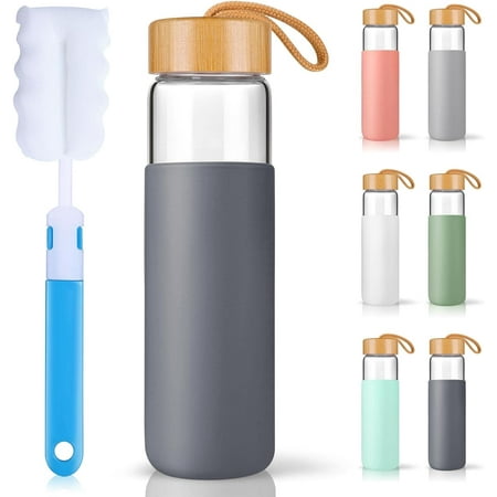 

25 Oz Glass Water Bottle with Bamboo Lid - Borosilicate Glass Water Bottles with Sleeve Wide Mouth and Dishwasher Safe Water Bottle Glass - Bonus 1x Brush(Charcoal Grey)