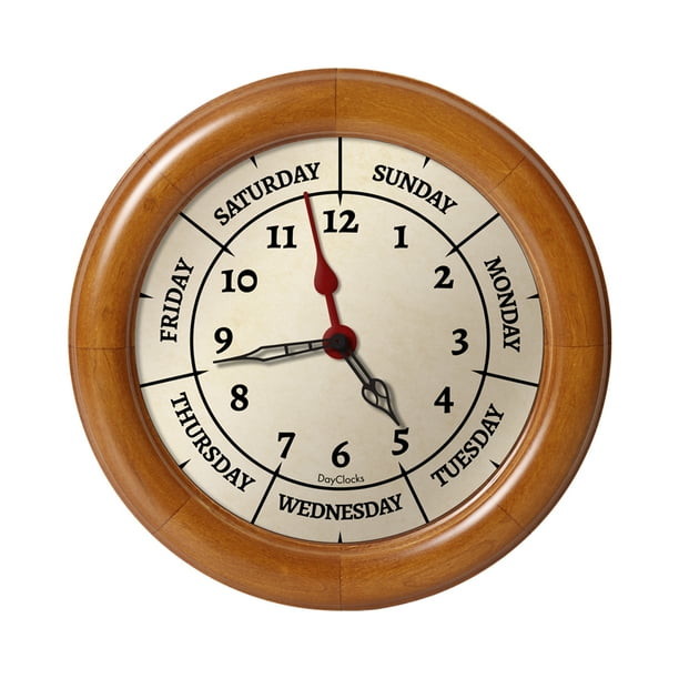 DayClocks Combination DayoftheWeek Wall Clock with New Zealand Pine