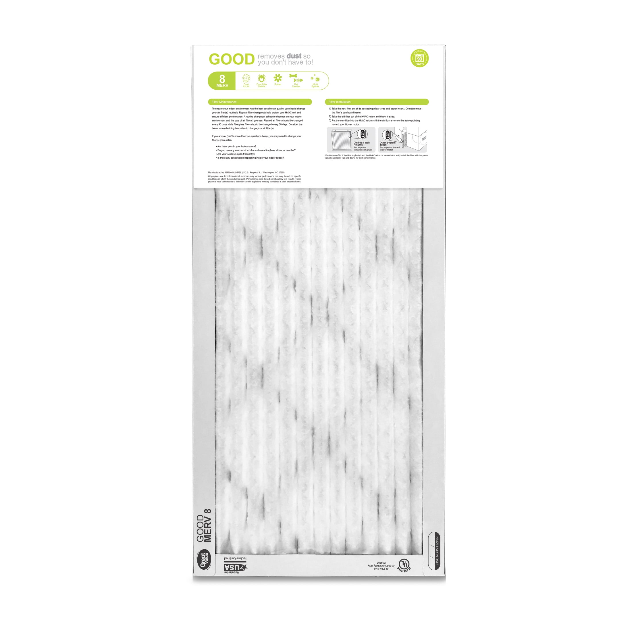 Great Value, 12x20x1, MERV 8 GOOD HVAC Air and Furnace Filter, Captures Dust, 4 Filters
