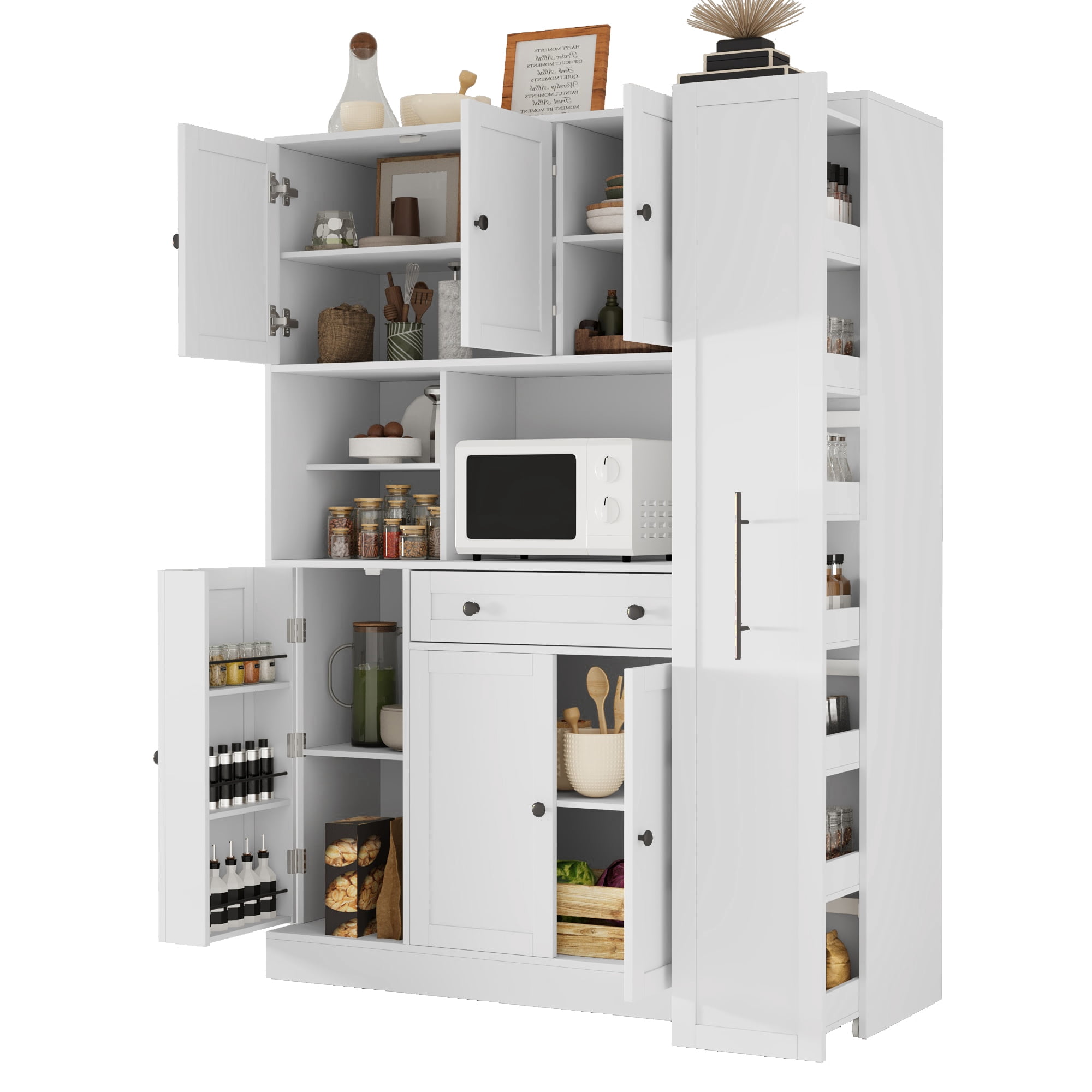 Euroco Extra Deep Buffet Cabinet with Hutch and Pull-Out Side Cabinet on Wheels, 52.8'' Kitchen Pantry with Adjustable Shelves, Coffee Bar Sideboard Storage Cabinet