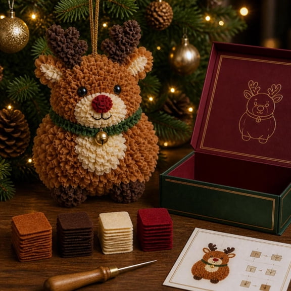 Clearance Punch Needle Kits Adults Beginner, DIY Cute reindeer ornament craft kit, 3D Fabric Poke Art Kit Hobby for Adults