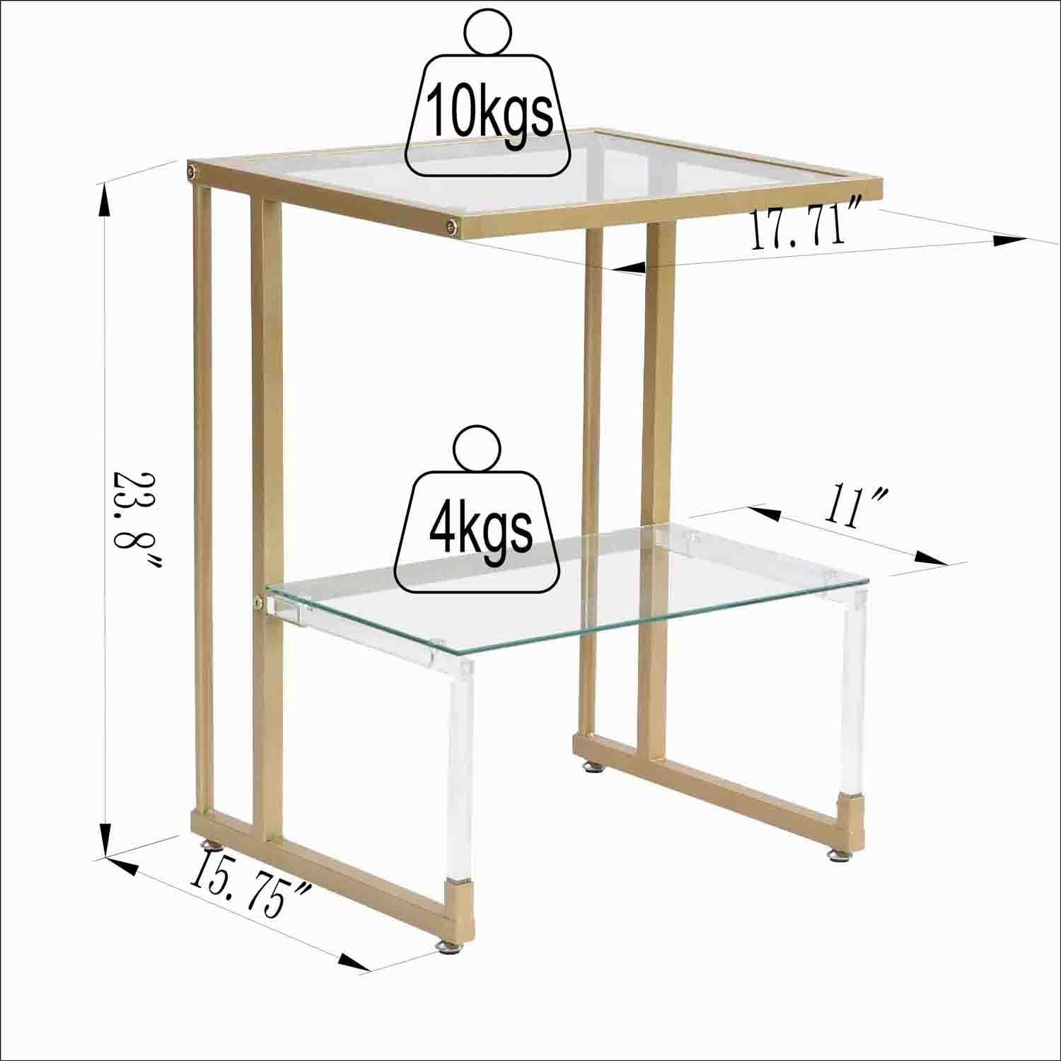 Gewnee 2-Tier Acrylic Glass End Table,Modern Side Table with Tempered Glass Shelves,Gold