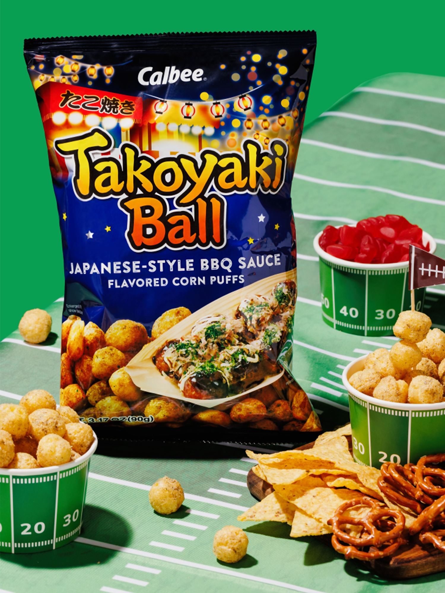 (3 pack) Calbee Takoyaki Ball Flavored Corn Puffs Japanese-Style BBQ Sauce 3.17oz