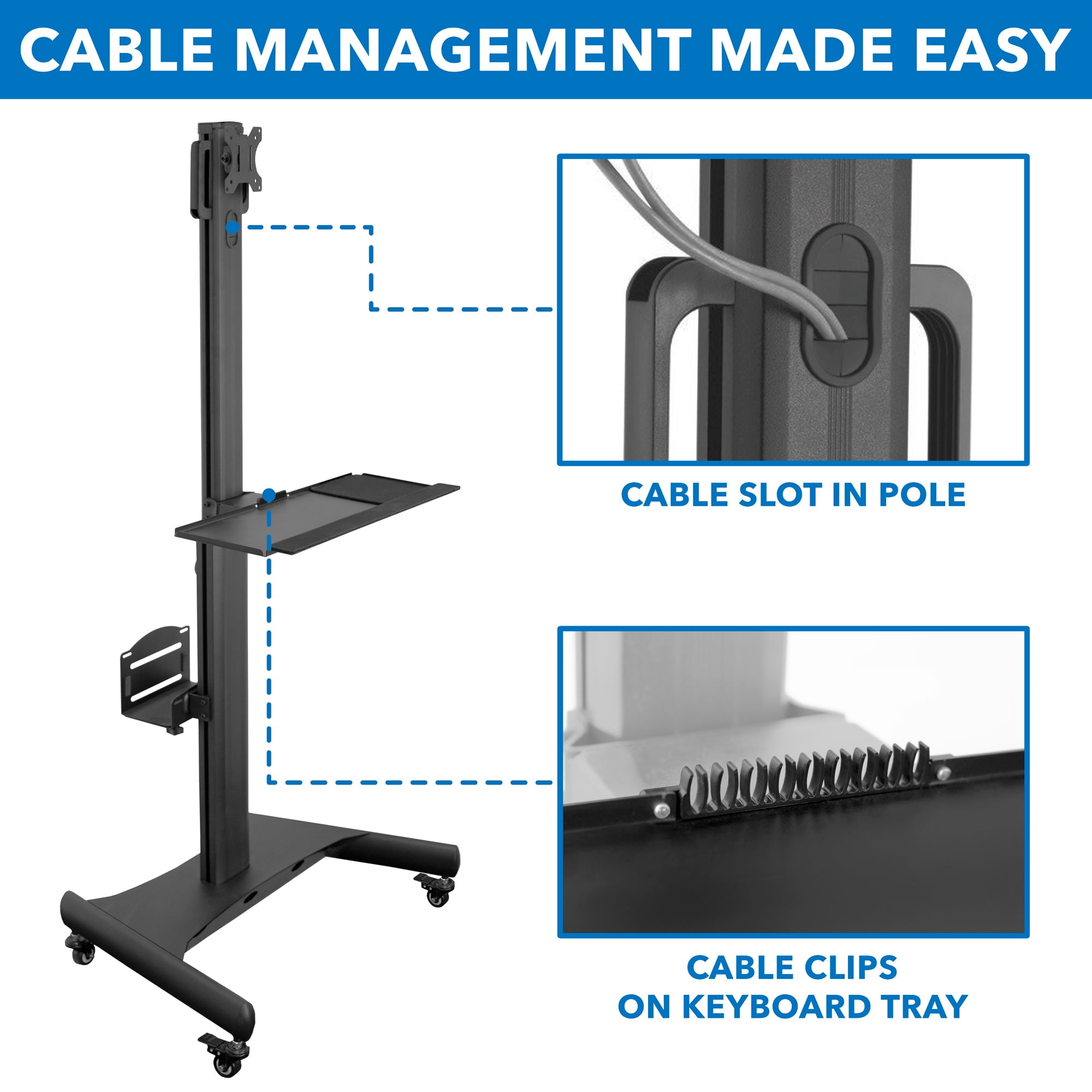 Mount-It! Mobile Standing with Adjustable Keyboard Tray and CPU Holder | Fits 13"-32" Monitors