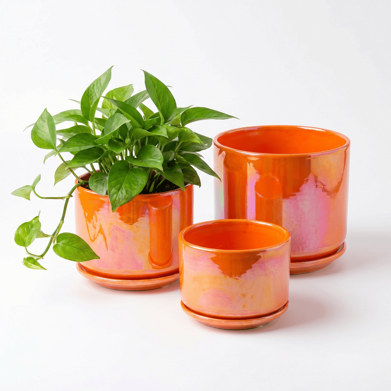 Ceramic Plant Pots Set of 3 with Drainage Holes and Saucers photo 6