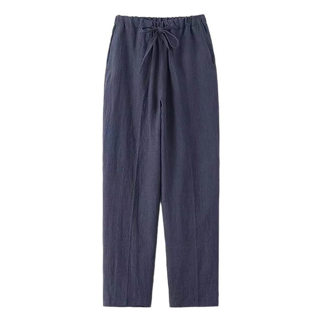 Mens Casual Pant Lightweight Breathable Drawstring Trousers Solid Color Comfortable Joggers Pants with Pockets Navy M