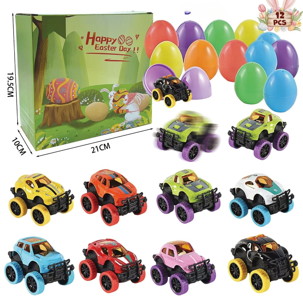 12 Pcs Prefilled Easter Eggs with Mini Cute Pull Back Alloy Car Toys for Easter Basket Stuffers Egg Hunt Party Favors Classroom Prizes