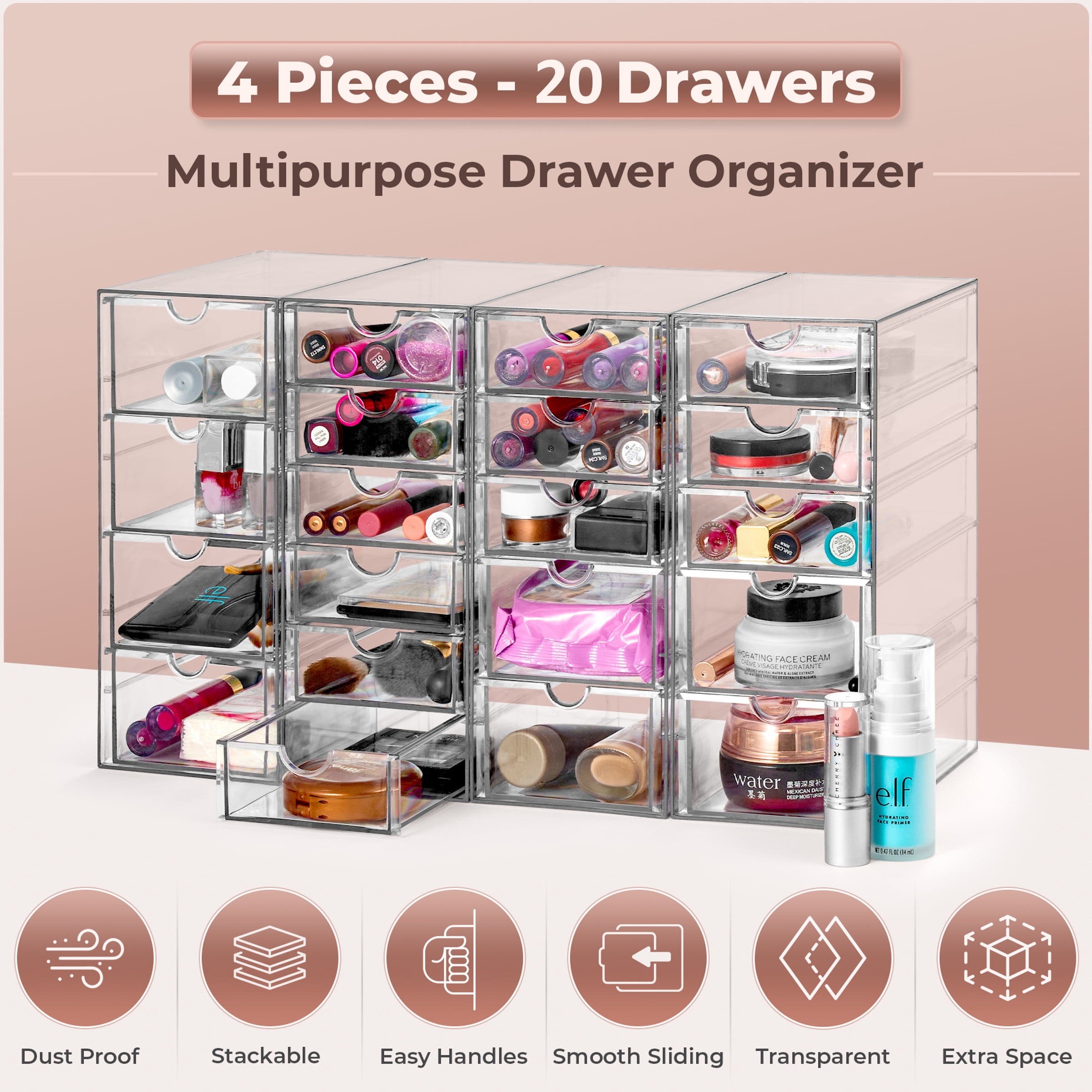 Sorbus 4-Piece Acrylic Makeup Organizer, 20 Drawer Stackable Storage Bins, Clear