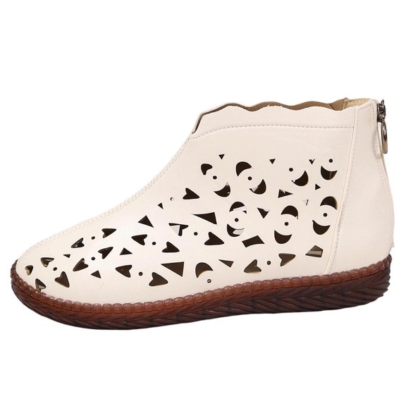 L-361 Beige Ladies Casual Trendy Ankle Boots Back Zipper Hollow Out Flat Sole Versatile Fashionable Mid Calf Boots