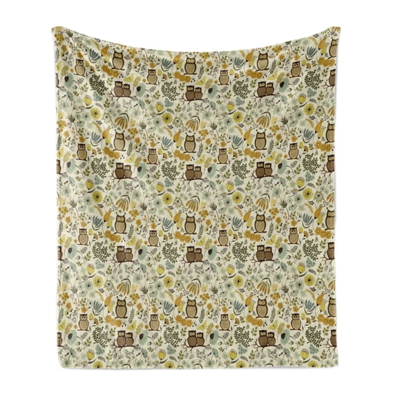 Owl Soft Flannel Fleece Throw Blanket, Floral Pattern with Cartoon Birds Nostalgic Nature Inspired Romantic Composition, Cozy Plush for Indoor and Outdoor Use, 70" x 90", Multicolor, by Ambesonne