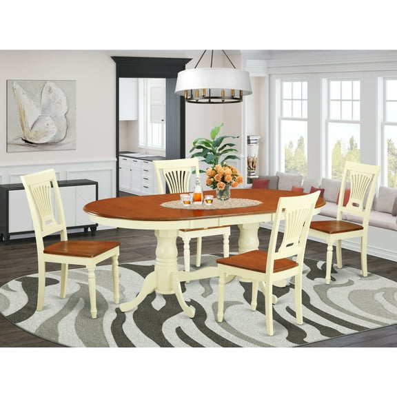 Dining Set-Dining Table Plus Kitchen Dining Chairs-Finish:Buttermilk & Cherry,Number of Items:5,Shape:Oval,Style:Wood Seat