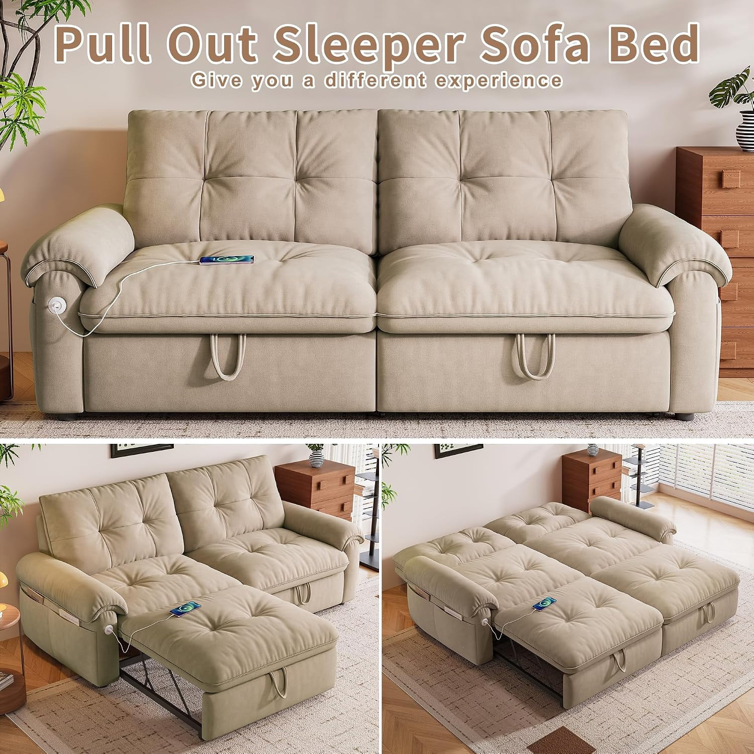 77" Queen Size Convertible Sleeper Sofa, 3-in-1 Chenille Couch Bed with Cup Holders & USB Ports for Living Room, Bedroom & Small Spaces