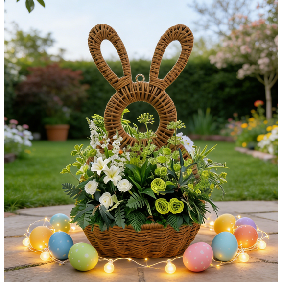 Easter Bunny Wicker Basket for Front Door Wooden Rattan Woven Hanging Easter Baskets Wall Pocket Spring Holiday Rabbit Shaped Wreath Basket for Flowers Eggs Floral Arrangements Decor,15.7x8.6 in