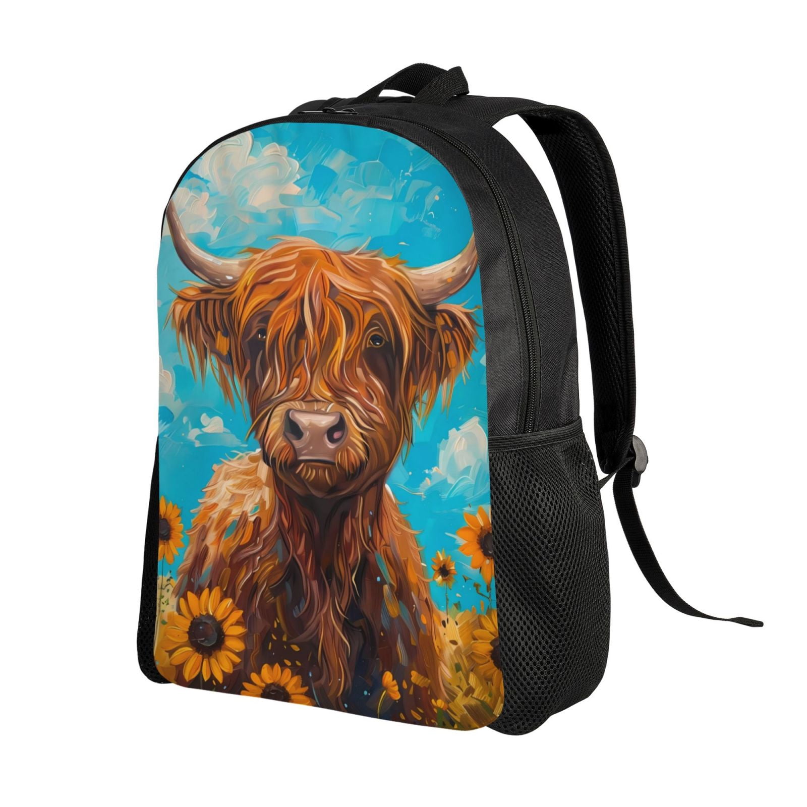 Xecao Cute Cow Sunflowers Art Print School Backpack with Laptop Compartment Small Travel Laptop Backpack for Women Men Waterproof College Backpack Simple School Bag
