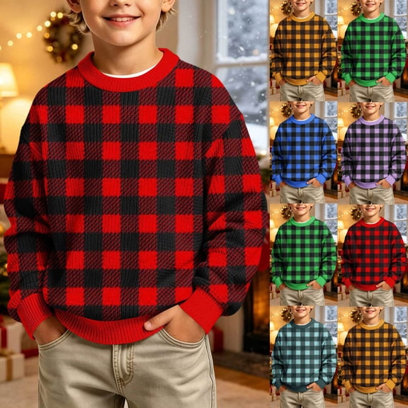 Frostluinai Buffalo Plaid Sweaters for Boy Crew Neck Oversized Knit Pullover Long Sleeve Christmas Sweater Tops 5-16 Years