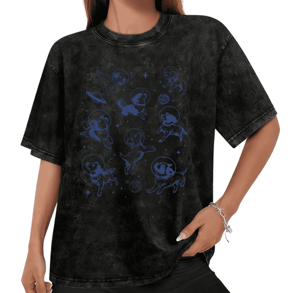 Women Space Dogs Blue Line Art Graphic Tees T Shirt Tops Round Neck Cotton Washed T Shirt Black S-2XL Plus Size