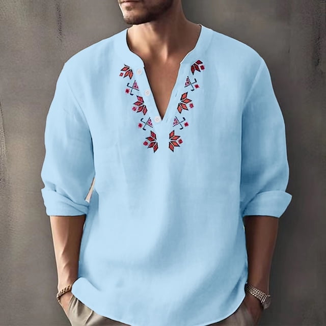 Blusas y camisas de manga larga con cuello en V para hombre, blusa informal de moda con cuello en V, blusa de manga larga transpirable para hombre
