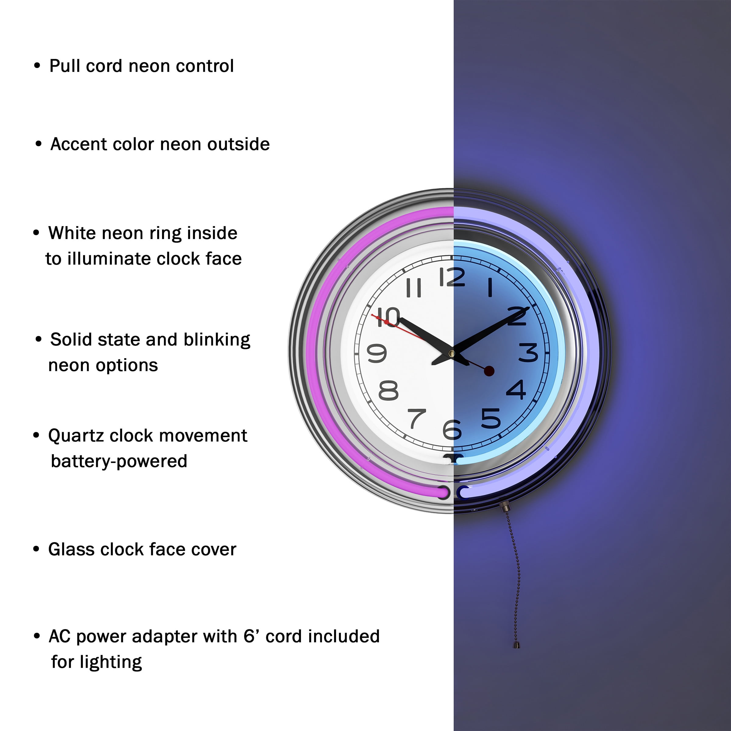 14" Retro Neon Wall Clock, Double Light Ring Vintage Style Clock by Lavish Home