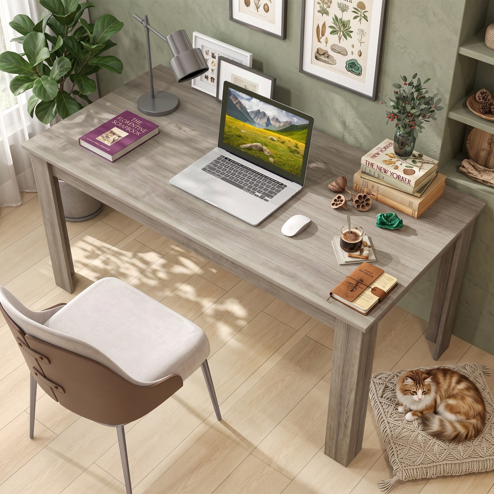 Furnibear 63 Inch Rectangular Modern Dining Table, Engineered Wood Kitchen Table for 6, Spacious Rectangle Dinner Table with Sturdy Wood Legs for Dining, Light Gray