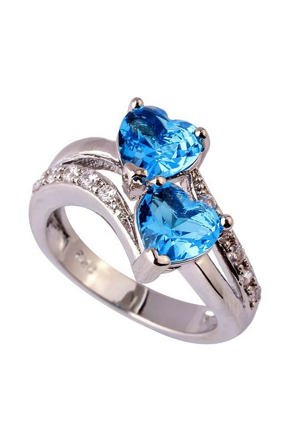 Love Heart Birthstone Double Ring to Daughter 952 Sterling Silver Heart Cubic Zircon Rings for Women Mother Jewelry for Christmas gift Sky Blue 9