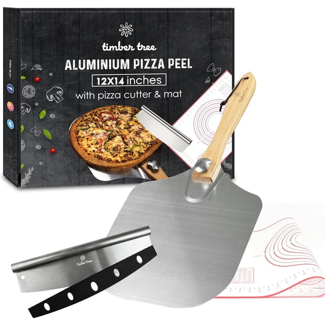 FZC-arbre à Bois 12X14 Pelle à Pizza en Aluminium avec Manche en Bois Pliable, Lame de Coupe à Bascule de 14 Pouces et Tapis à Pizza. Ensemble Cadeau pour les Amateurs de Pâtisserie Maison comme Pizza, Pain et Pâtisseries...