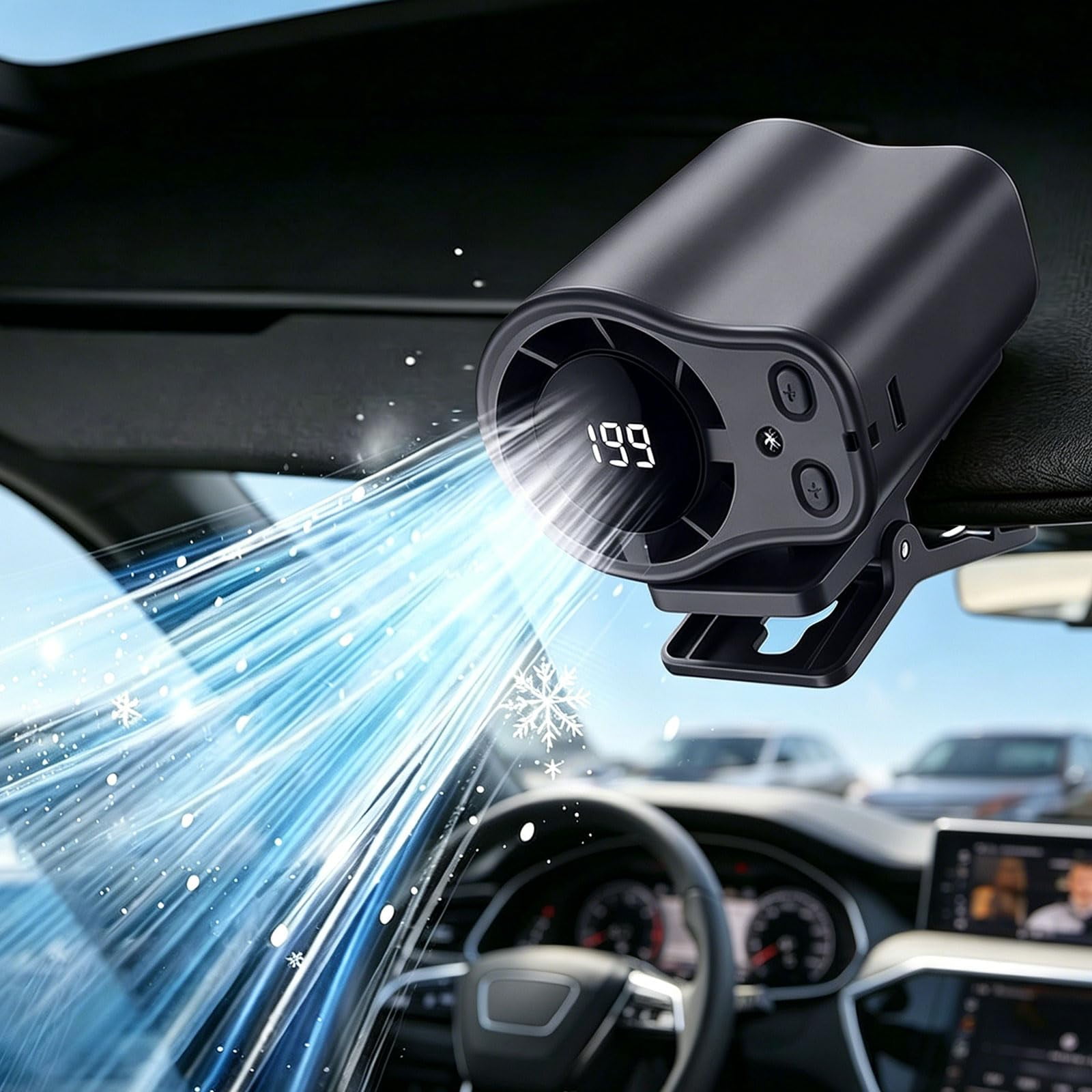 Portable Car AC, 2026 New Car Clip On Air Conditioner Fan with Led Display, 360 Rotating Semi Cooling Clip Fan, 199-Speed Usb Rechargeable Personal Fans for Office, Umbrella