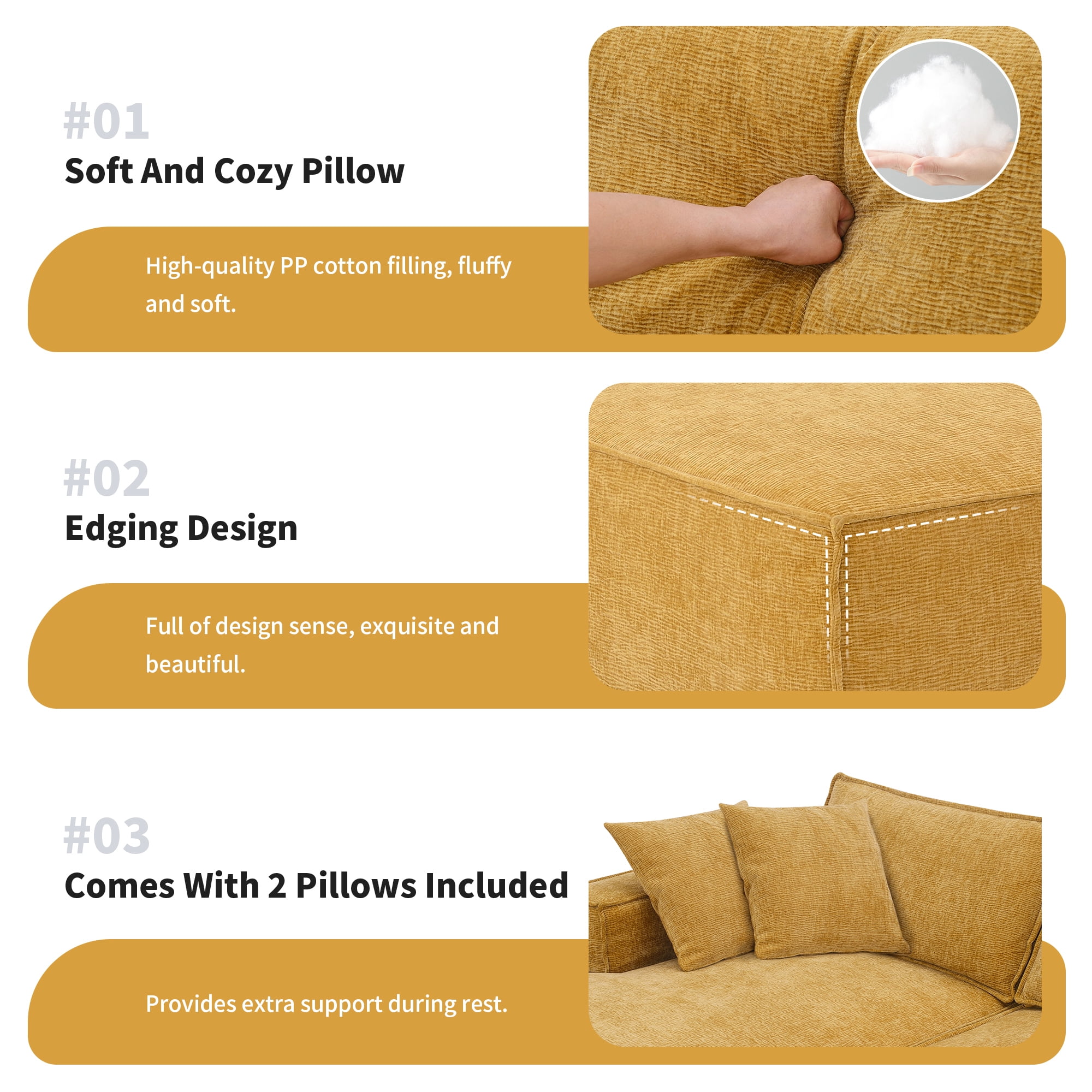 EUROCO 111.5" Minimalist Style L-Shaped Modular Sectional Sofa Couch, Wrinkle-resistant Chenille Sleeper Sofa Bed with All-Sponge Construction, 2 PIC Free Combination No Assembly Require, Yellow