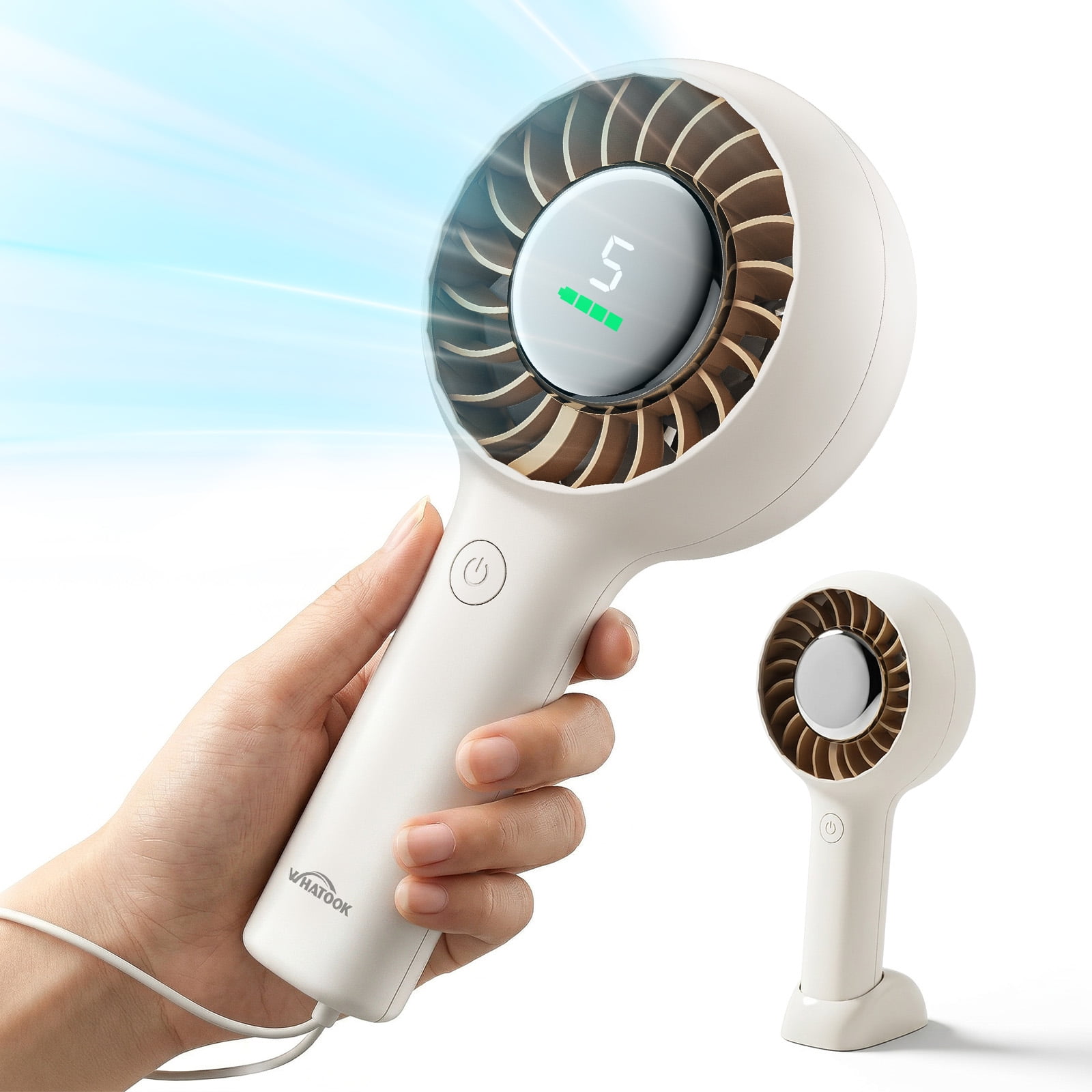 Handheld Fan, 3000mAh Rechargeable Personal Fan with LED Display, 5-Speed Turbo Wind, Portable Desk Fan with Base and Lanyard for Travel,Beach,Office